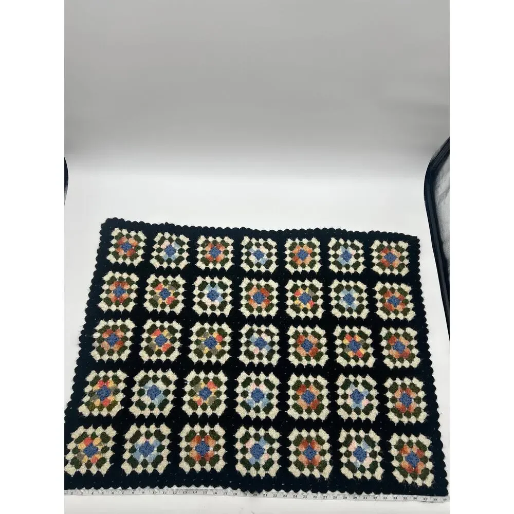 Vintage Crochet Granny Square Afghan Throw Blanket Black Multicolor 39x31 Boho